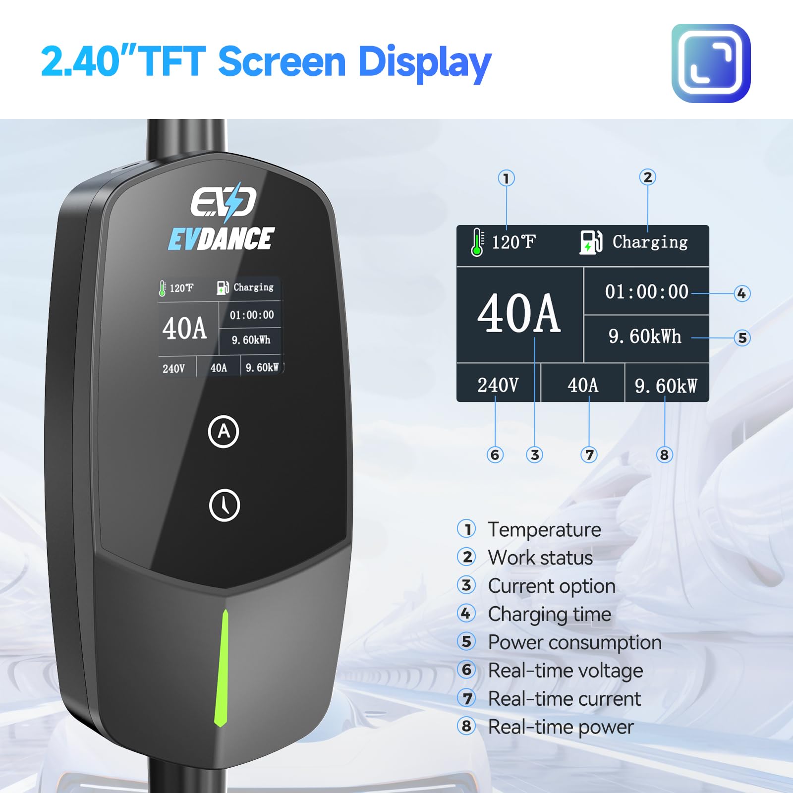 EVDANCE Chargeur électrique de niveau 2 40 A, 240 V 9,6 kW pour véhicules électriques portables avec NEMA 14-50P, câble de 7,6 m, courant réglable, retardateur de temporisation, chargeur de voiture