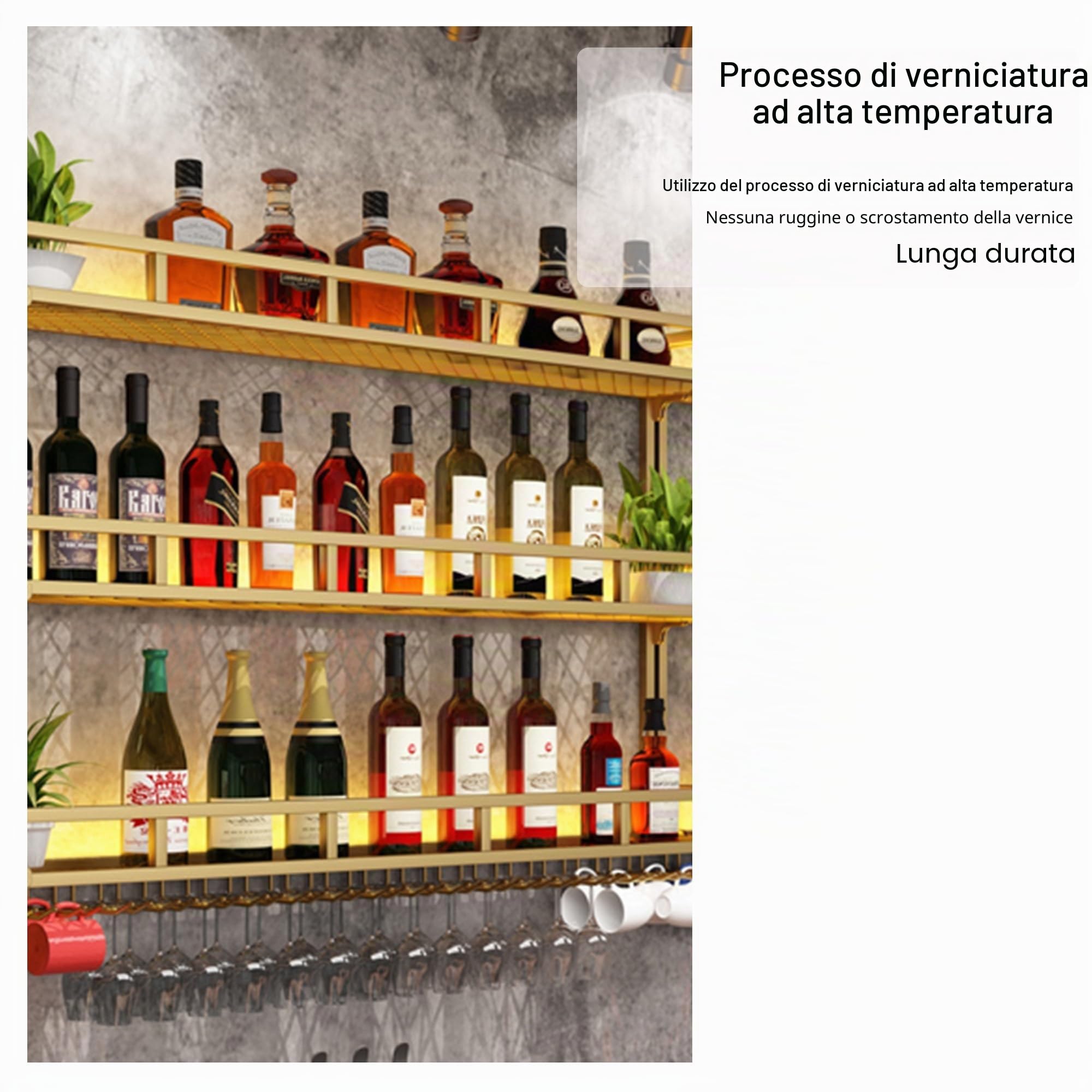 Portabottiglie con Luce Porta Bottiglie di Vino da Parete con Portabicchieri Scaffale da Parete con Porta Bicchieri Sospesi Mensole Cucina Porta Vini Angolo Bar per Casa Sala da Pranzo Bar(Black,80*25