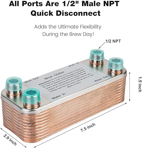 Miniatura 7 de 20 placas MRbrew Homebrew Wort Chiller, acero inoxidable y soldado con intercambiador de calor de cobre, conexión de rosca NPT 12 enfriador