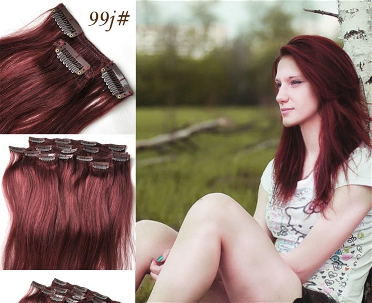 FANGYUANHAIR 15" Clip in Remy Human Hair Extensions #99J Burgundy Wine Red 70g