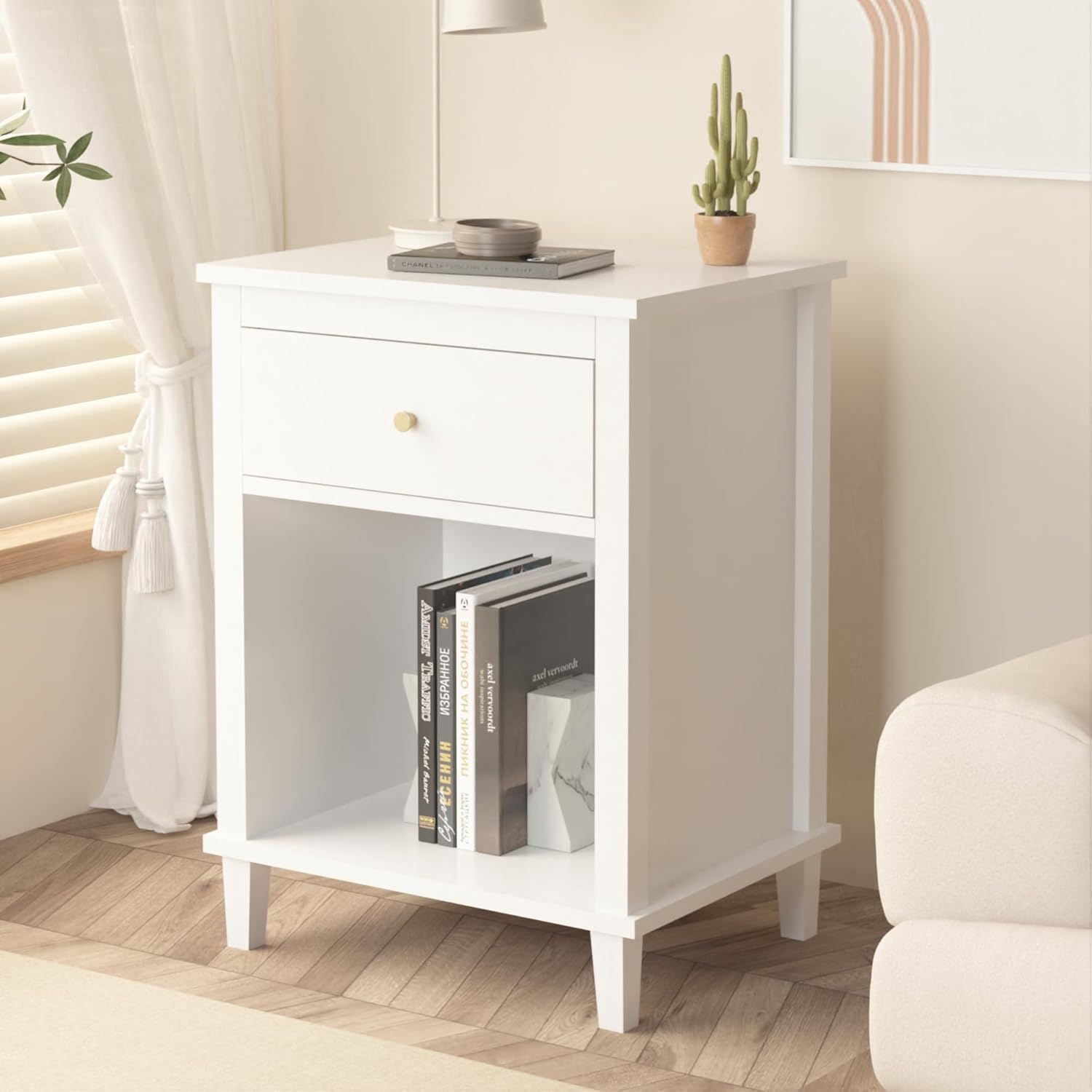 Small Nightstand with Drawer - Wood White Night Stand with 2-Tier Storage Cabinet Modern Bedside Table for for Bedroom, Kids Room & Small Spaces(1, White + MDF)
