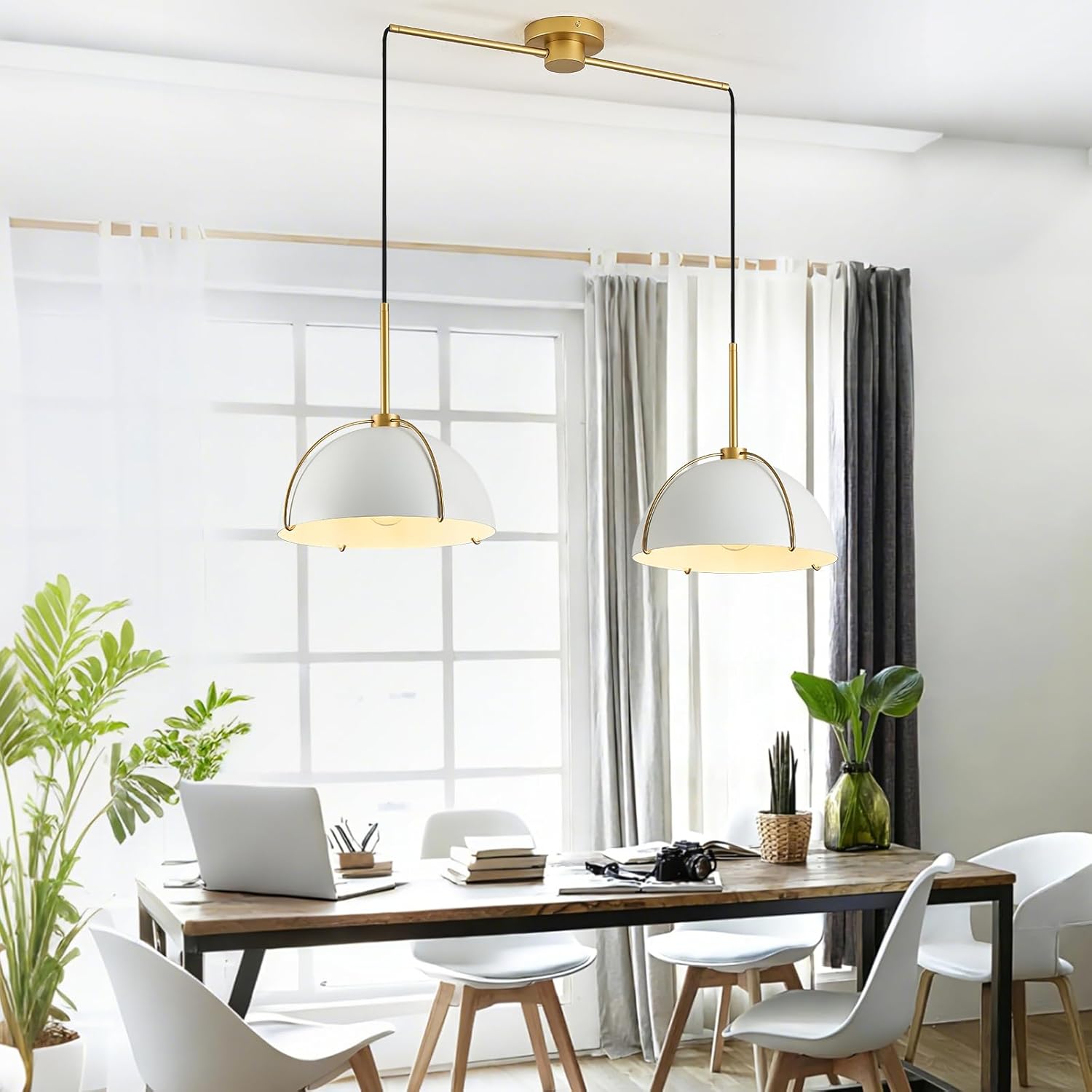 Contemporary White Gold Pendant Light Over Table 2-Light Nordic White Ceiling Pendant Light Fixture 36" Metal Dome Kitchen Island Light with Adjustable Cord for Dining Room