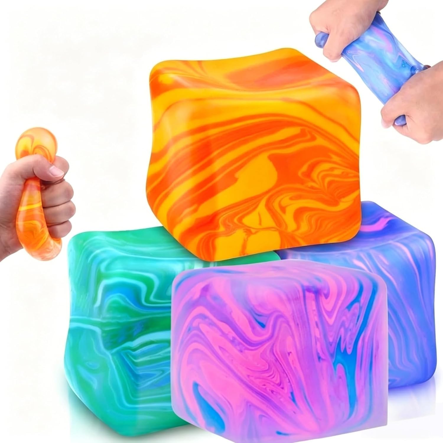 Squishies Stress Cube Toys, Adults Squishies Anxiety Relief Maltose Ball, Gel Filled Stretchy Stress Balls for Anxiety Relief, Sensory & Focus, Novel Design Cool Colorful Fidgets Cubes (4pcs)