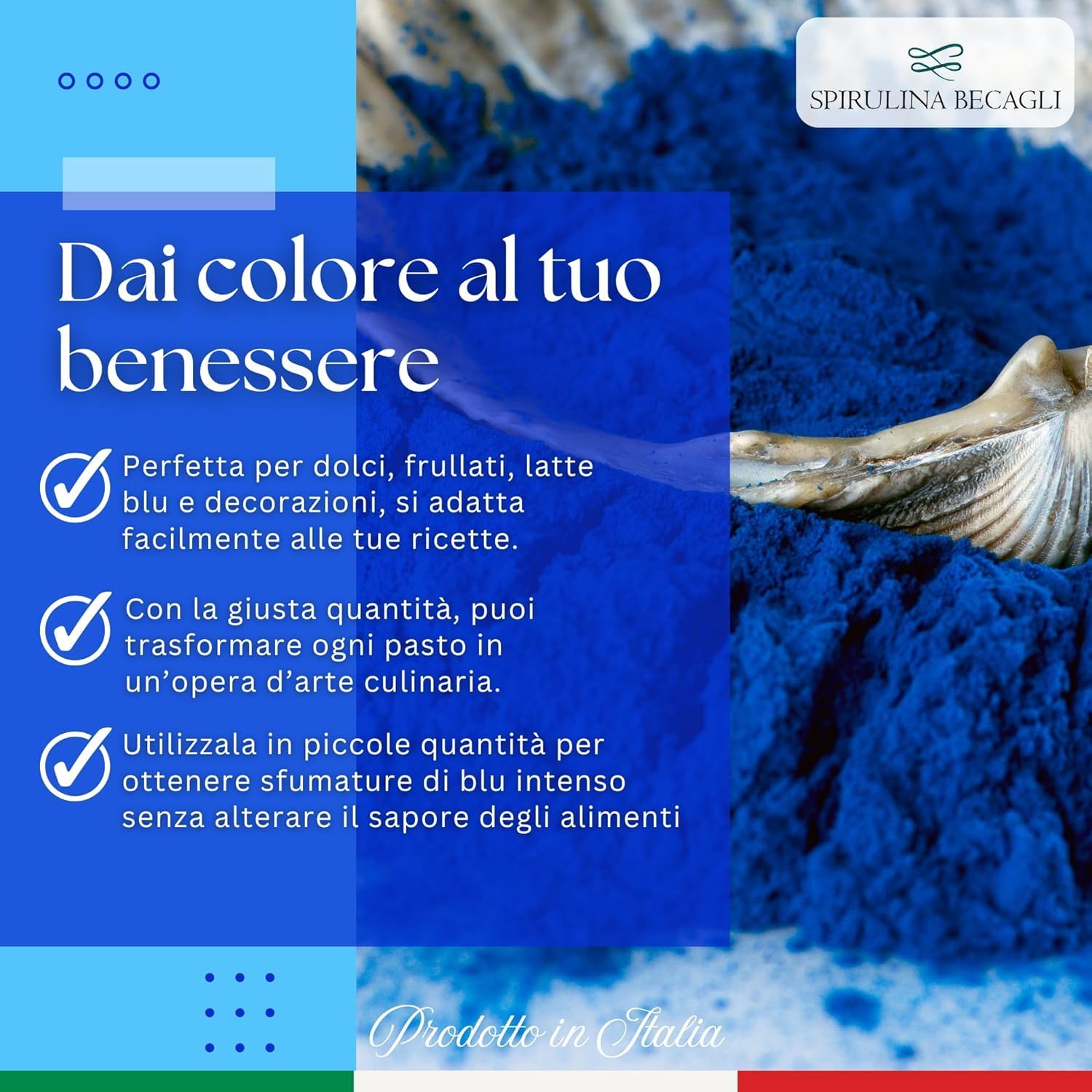 SPIRULINA BECAGLI Spirulina Blu In Polvere 20 g, Colorante Alimentare Naturale A Base Di Ficocianina, Polvere Blu Per Bevande E Preparazioni Alimentari, Made in Italy, Vegan OK (20 gr.)