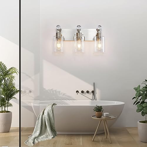 Miniatura 5 de Lámparas de baño de 3 luces, lámpara de tocador de baño de níquel cepillado, accesorios de iluminación de tocador con pantalla de vidrio resistente,