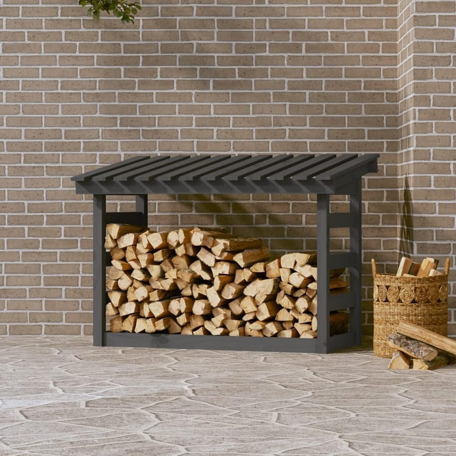 Firewood Rack Grey 108X64.5X78 Cm Solid Wood Pine, Firewood Log Rack, Firewood Storage Rack Shelf, Ventilation Metal Log Store Holder For Outdoor Indoor Wood Stand Set Lo