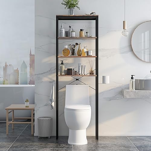 Miniatura 9 de Giantex Estante de almacenamiento sobre el inodoro, ahorro de espacio de baño de madera de 4 niveles con marco de metal y 2 ganchos, estante de