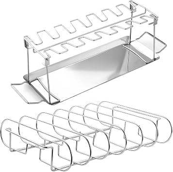 Chicken Leg Rack for Grill with Dip Tray and Large Rib Rack for Smoking Bundle - High Grade Stainless Steel - Easy to Use and Clean