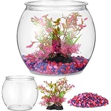 1 Gallon Fish Tank with Artificial Plastic Plants and 1 lb Decorative Gravel, Plastic Small Fish Bowl Clear Round Goldfish Betta Tank for Table Centerpiece Home Decor