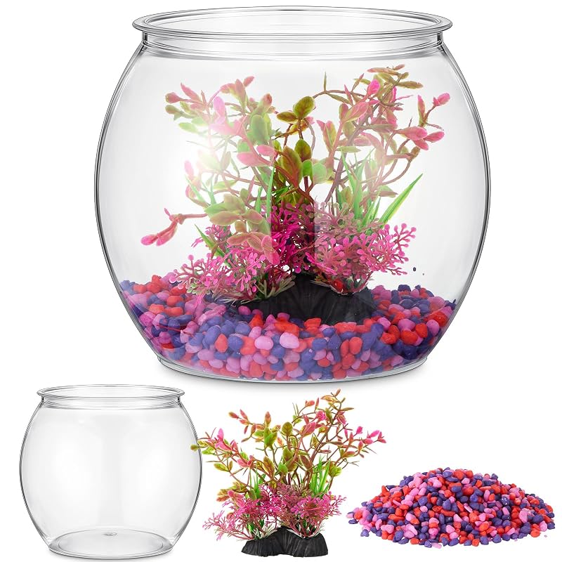Aquário globo de plástico transparente com cascalho e planta artificial Acellegic Red Aquatic Plant, conjunto com 3 peças