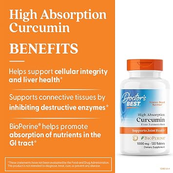 Doctor's Best Curcumin From Turmeric Root with C3 Complex & BioPerine, Benefit the Joints by Helping to Neutralize Free Radicals, Non-GMO, Gluten Free, Soy Free, Joint Support, 1000 mg, 120 Tablets