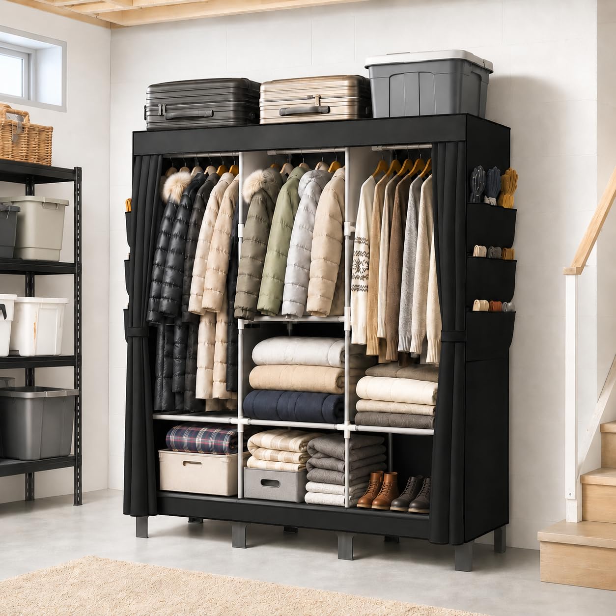 Kleiderschrank Stoffschrank mit Kleiderstange, Stabiler Tragbarer Kleiderschrank mit Überzug für Schlafzimmer und Ankleidezimmer