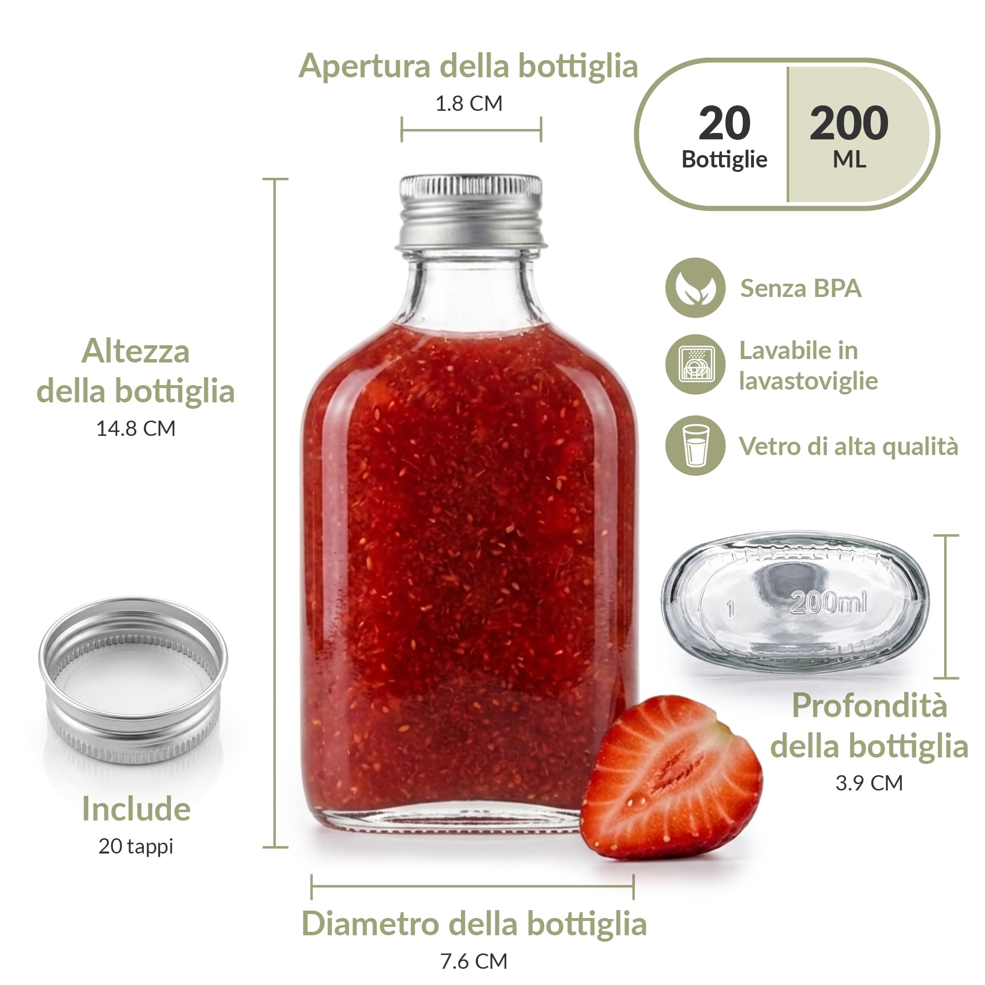 20 Fiaschette Vetro 200ml – Bottiglie Vetro 200 ml Piccole con Tappo a Vite – Bottigliette Trasparente Cristallo