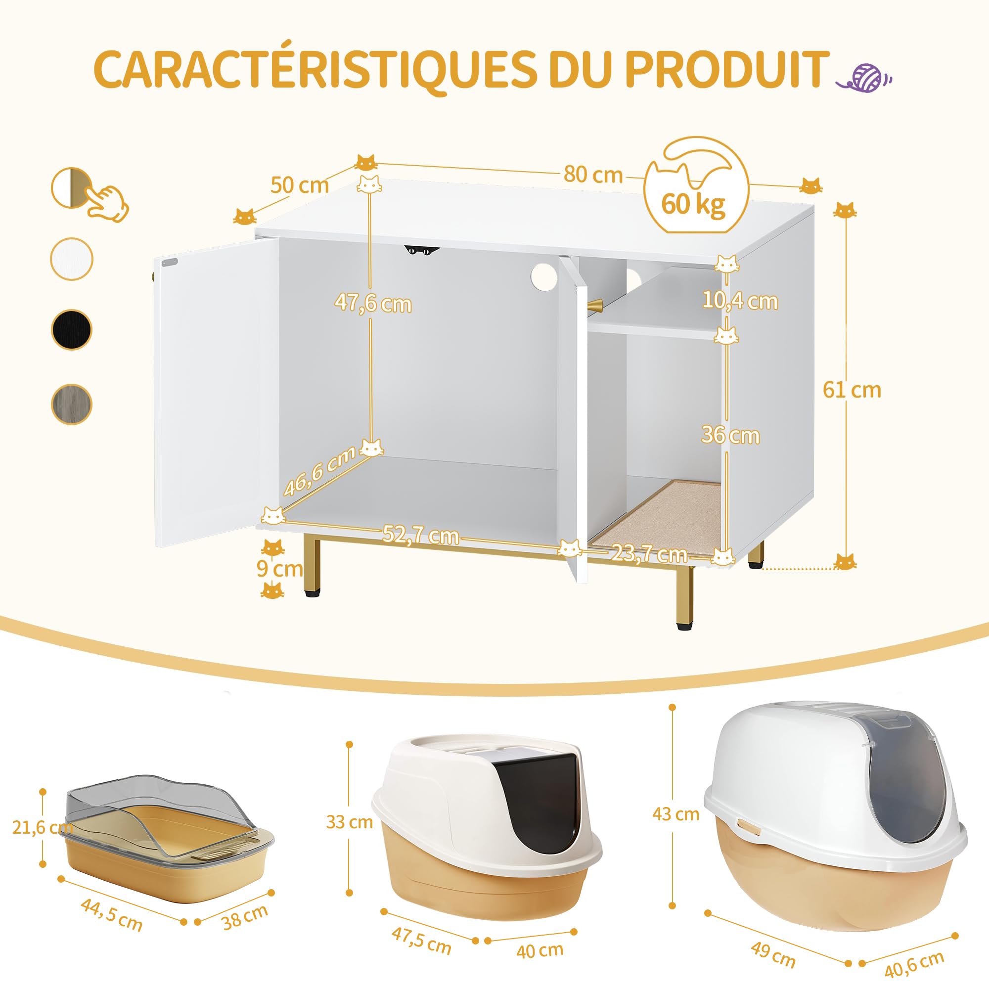 Hzuaneri Maison de Toilette Chat, Meuble Litiere Chat, Meubles Cachés, Maison pour Chats avec Porte et Cloison Séparée, Table d'appoint en Bois Domestique, 80 x 50 x 61 cm, Blanc et Or 01503GCLB
