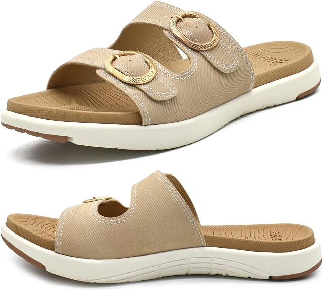 COFACE Womens Orthotic Slides Comfort Plantar Fasciitis Arch Support Slip on Flat Sandals Ladies Soft Cushion Fashion Yoga Mat Slippers With Adjustable Straps