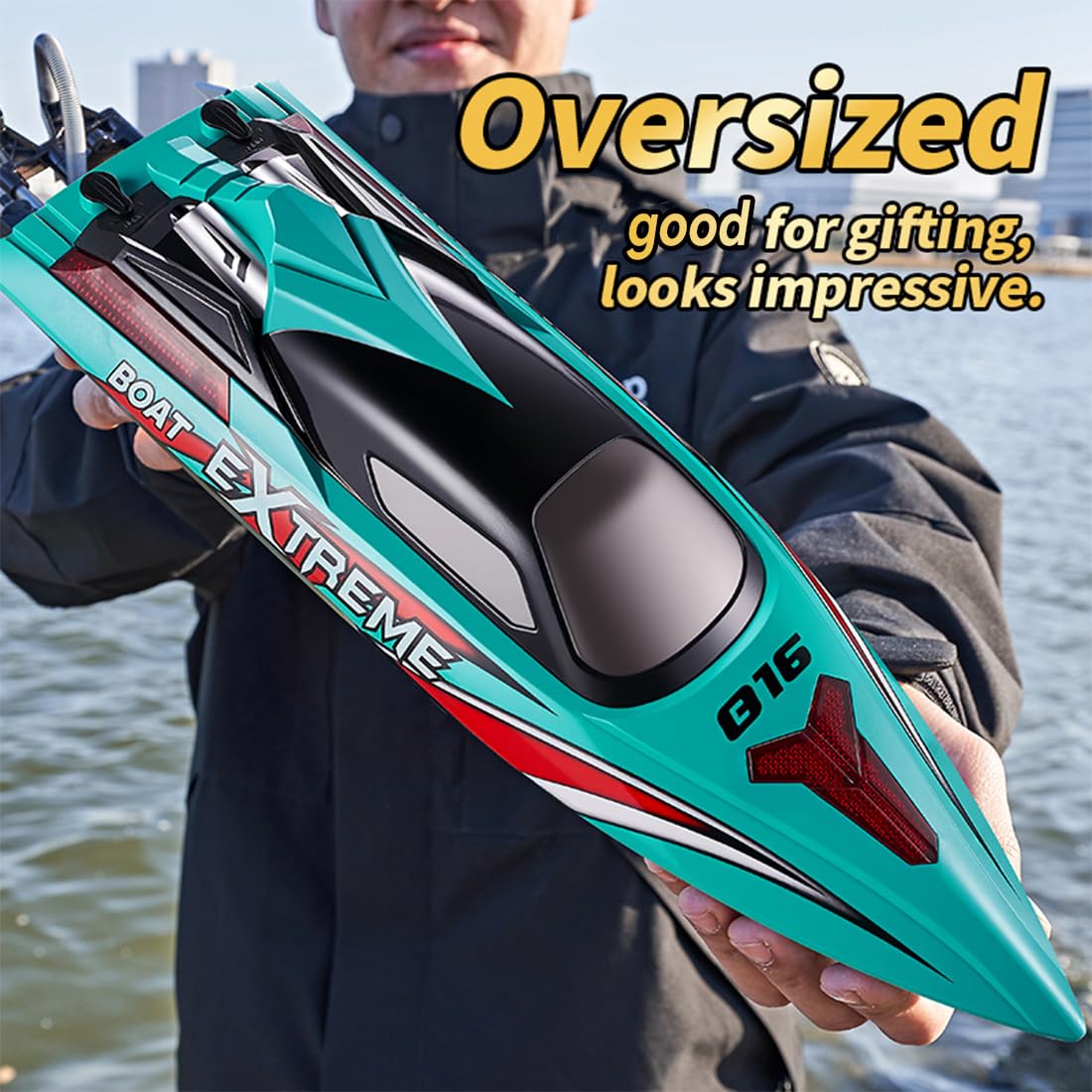 Ferngesteuertes Boot mit LED-Licht, 55KM/H Bürstenloser schneller RC Speedboot mit doppelt wasserdichtem Design, EIN-Tasten-Kenterungsrettung und Alarm bei niedrigem Batteriestand