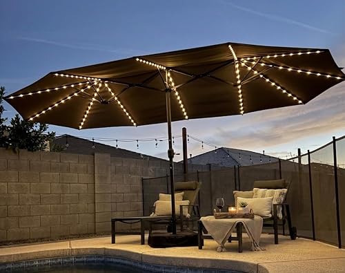 PURPLE LEAF Patio Market Umbrella 15ft with Solar LED and Base Taupe