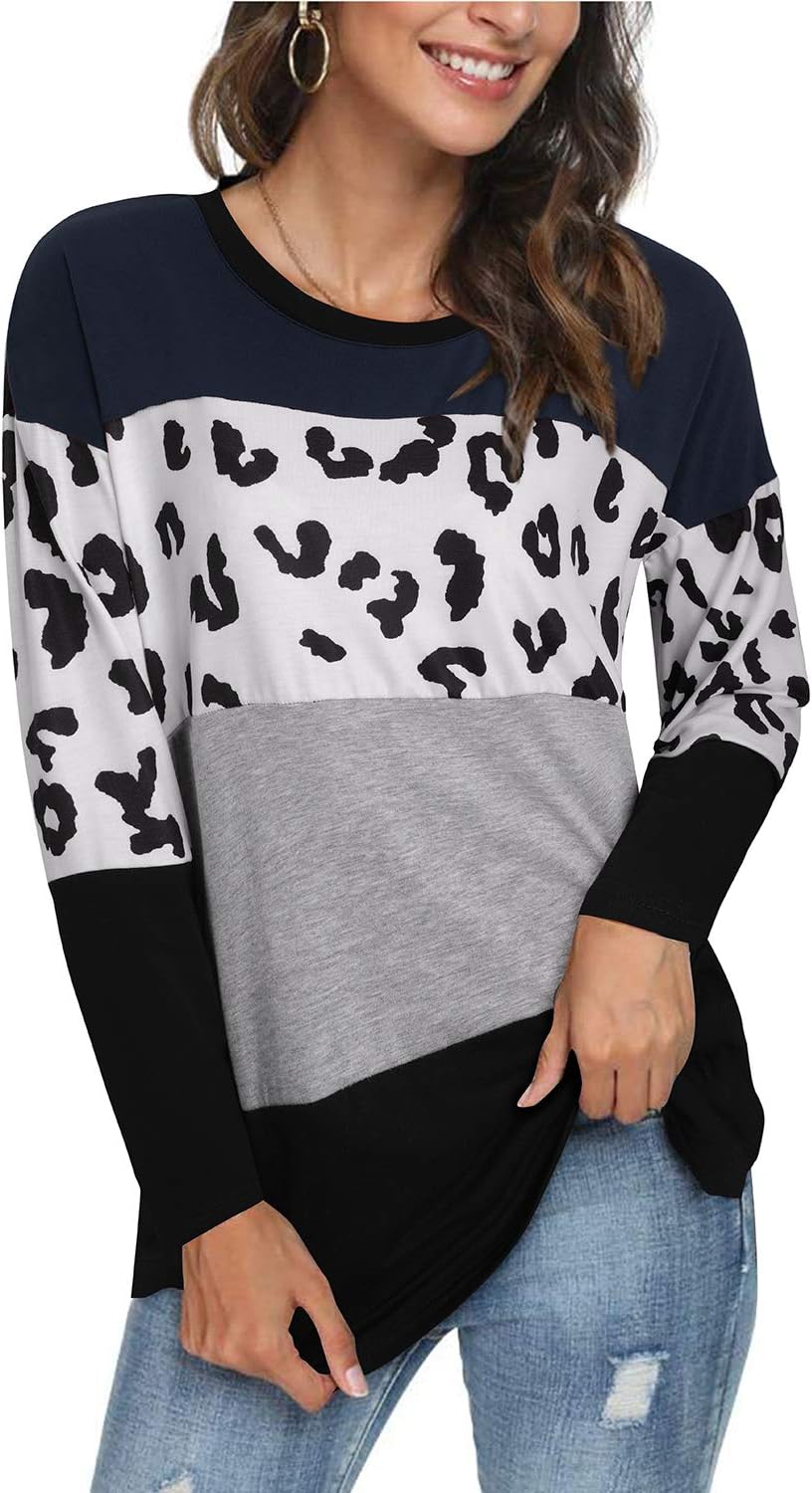 Women’s Leopard Print Color Block Crewneck Long Sleeve Casual Shirt Blouses Tunic Tops