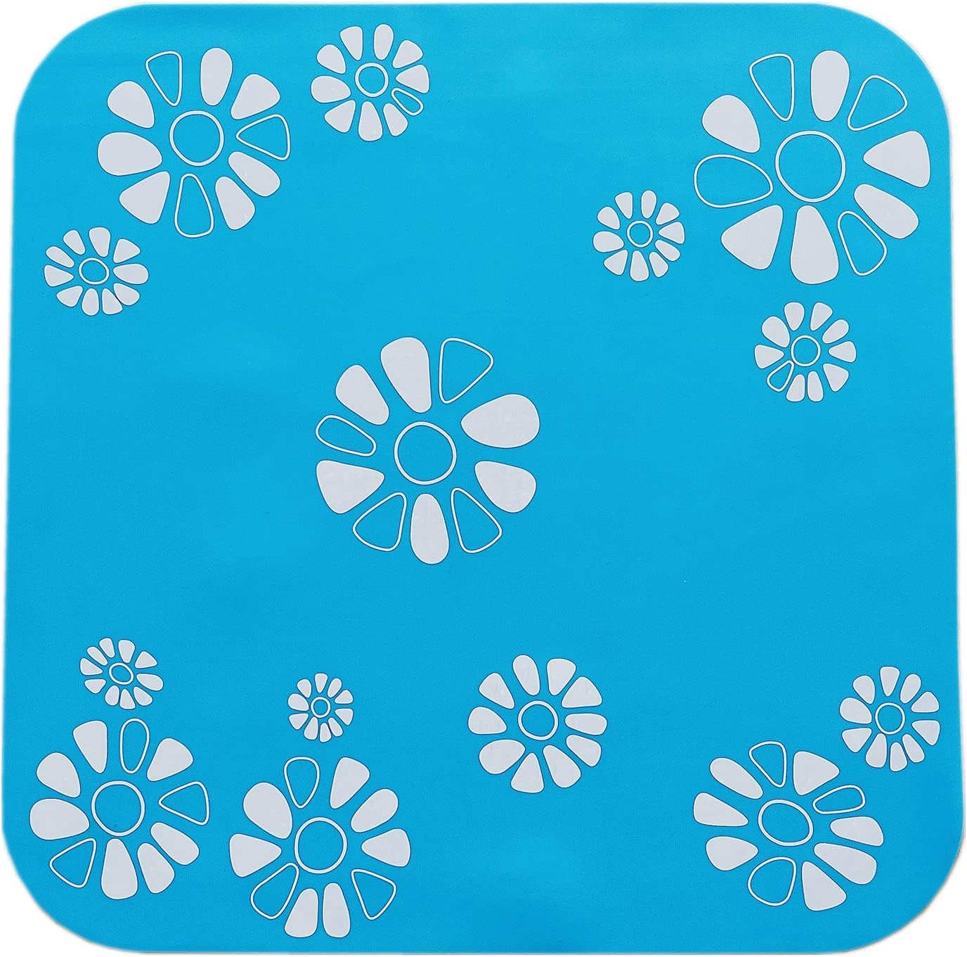 Silicone Pad for Pet Water Fountains, 13.4 inch Large Size Silicone Dog Cat Bowl Mat Waterproof Non-Slip Non-Stick Lovely Flowers Pattern Pad Safe for Dogs Cats Birds (Blue, Square)