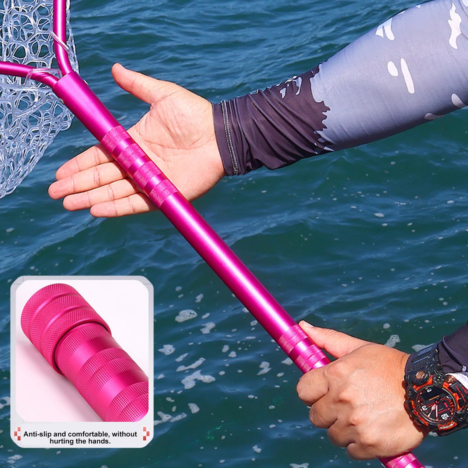 Retino compatto con struttura in metallo, rete in PVC resistente agli odori e impugnatura per pescatori di laghetti, retino da pesca