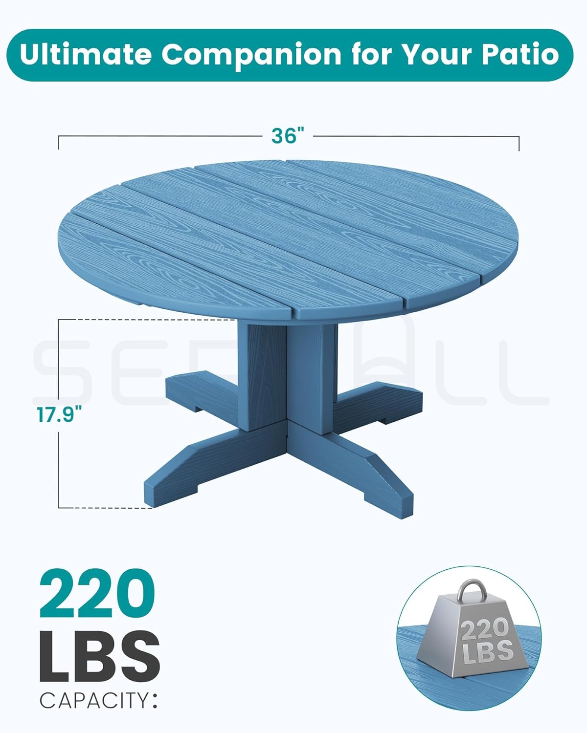 SERWALL 36'' Round Outdoor Coffee Table - HDPE Weatherproof Patio Table for Balcony, Garden, Backyard (Blue)