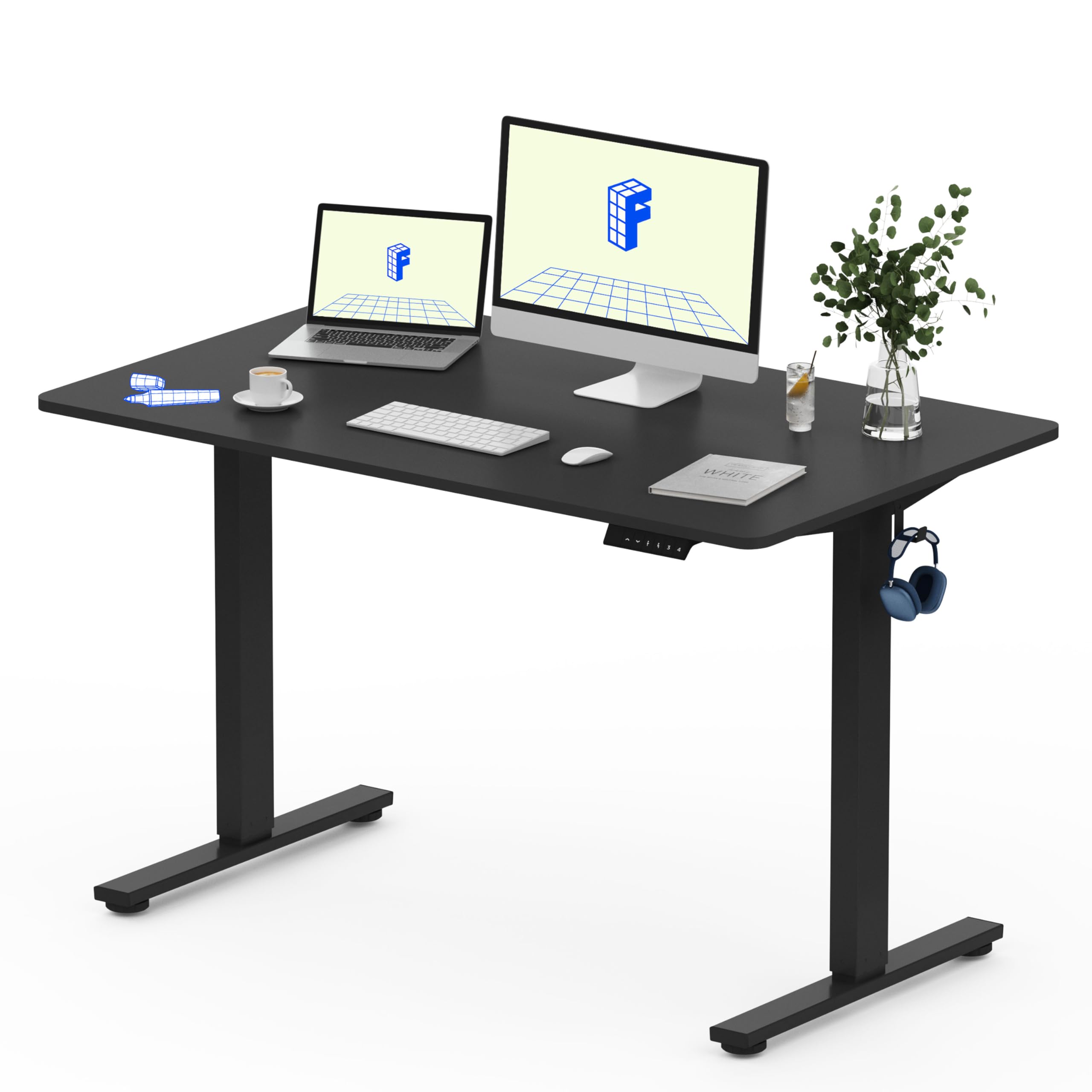 FLEXISPOT Escritorio Elevable Escritorio de Elevable Eléctrico con Tablero Entero 120x60cm, Standing Desk Escritorio Regulable en Altura, Mesa de Elevable con Ganchos Estante y 4 Botones de Memoria The Forest Stewardship Council