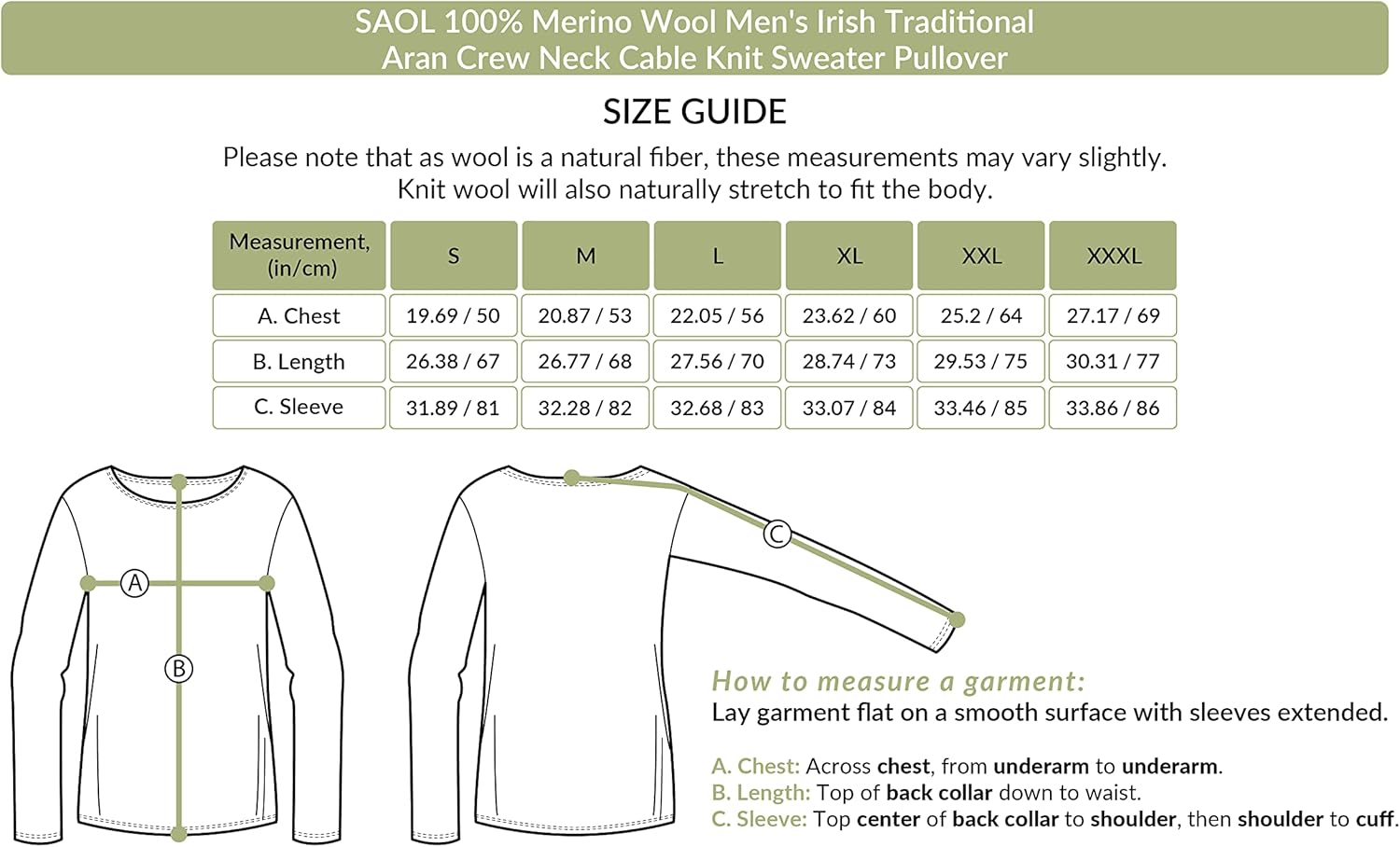 SAOL 100% Merino Wool Men's Irish Traditional Aran Crew Neck Cable Knit Sweater Pullover - Image 3