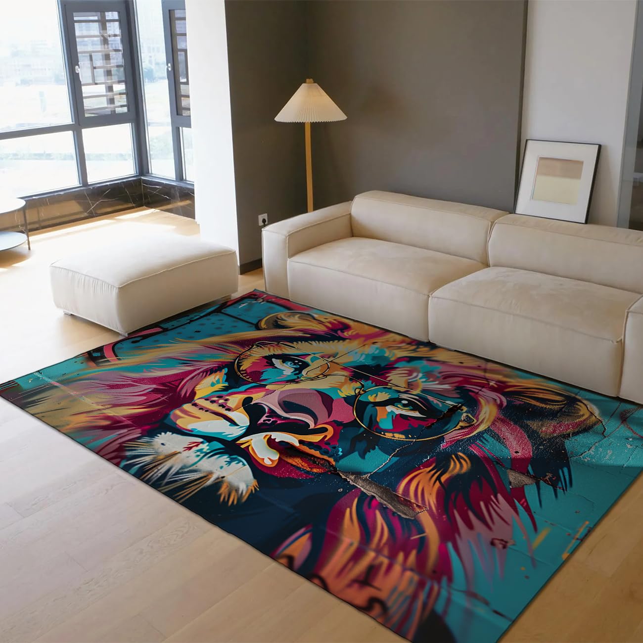 Tapis antidérapant aquarelle lion 100x150cm lavable et robuste