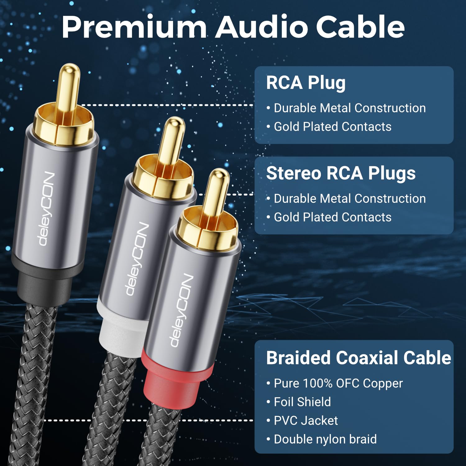 deleyCON 3,0m Kabel Cinch do Subwoofera RCA Mono na Stereo OFC Miedź Podwójnie Ekranowany Pozłacany do HiFi, Miksera, DJ, Głośników, Kina Domowego - Czarny