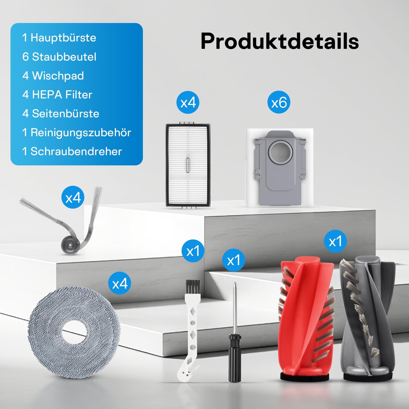 21-częściowy zestaw akcesoriów do Roborock Qrevo Curv 2 Pro/Qrevo Curv 2 ProX/Saros 10R/Saros 20 robot odkurzający, 2 główne szczotki, 6 worków do kurzu, 4 podkładki do wycierania, 4 filtry, 4