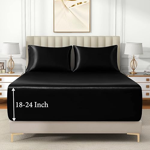 Miniatura 10 de Juego de sábanas bajeras de satén de 3 piezas, tamaño Queen, color rosa intenso para colchón de bolsillo profundo de 18 a 24 pulgadas, juego de ropa