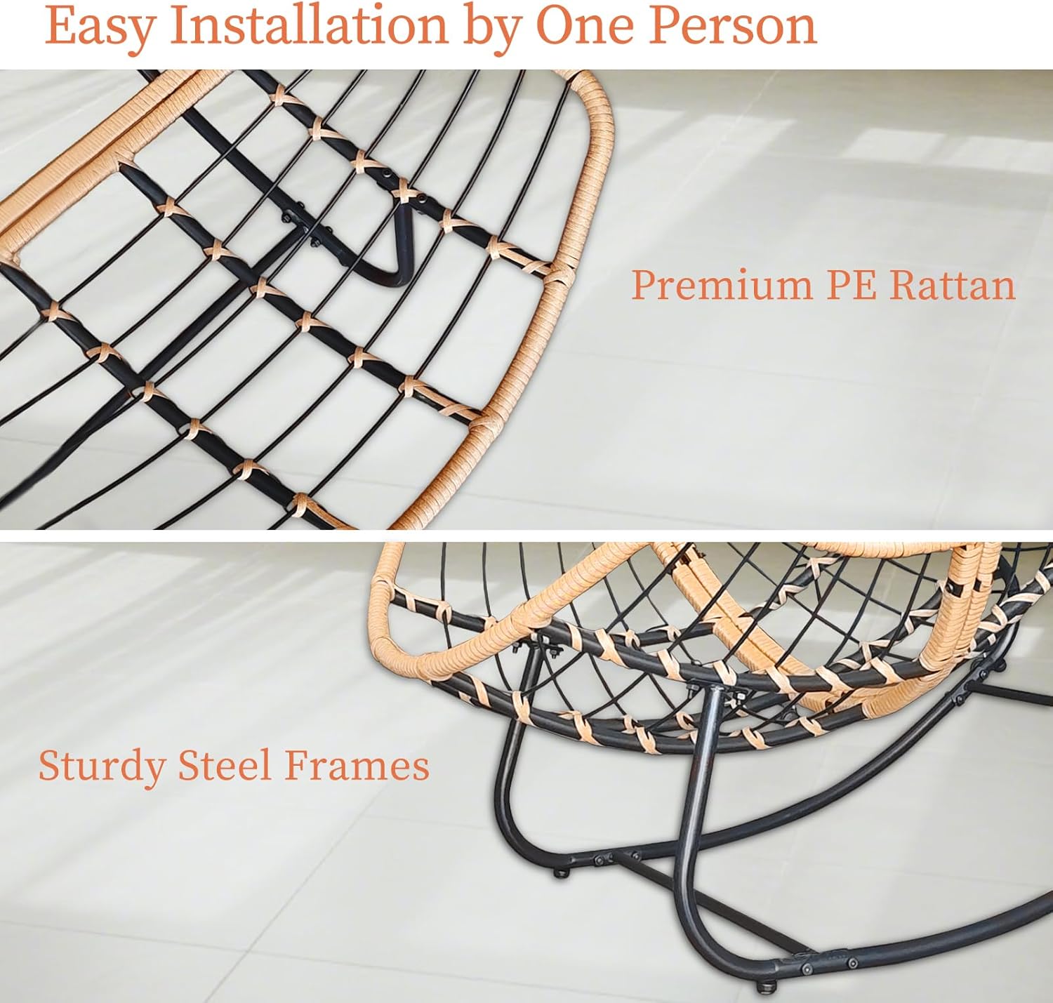 Papasan Rocking Chair with Cushion for Outdoor Indoor, Oversized Lounge Egg Chair with Steel Frame, Sturdy & Comfy Bedroom Recliner, Patio Furniture (Orange)