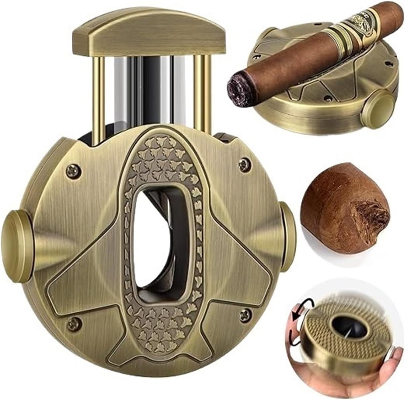 3 in 1 Cigar Cutter Holder Rotator Round Ergonomic Gift for Lovers(Gold)