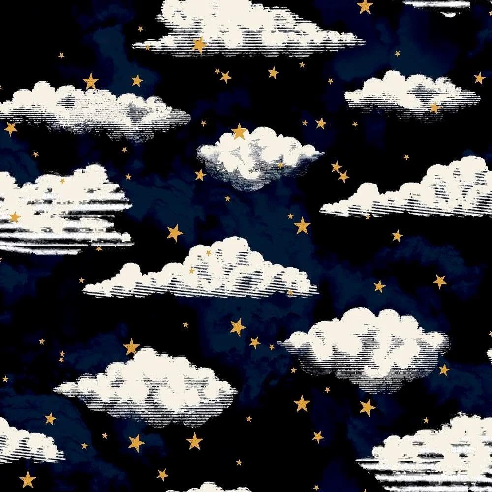Yöl Navy, Metallic Gold Stars And Clouds Navy Wallpaper - Metallic Gold Effect - Nursery Children's Room Trendy Stylish Feature Wall