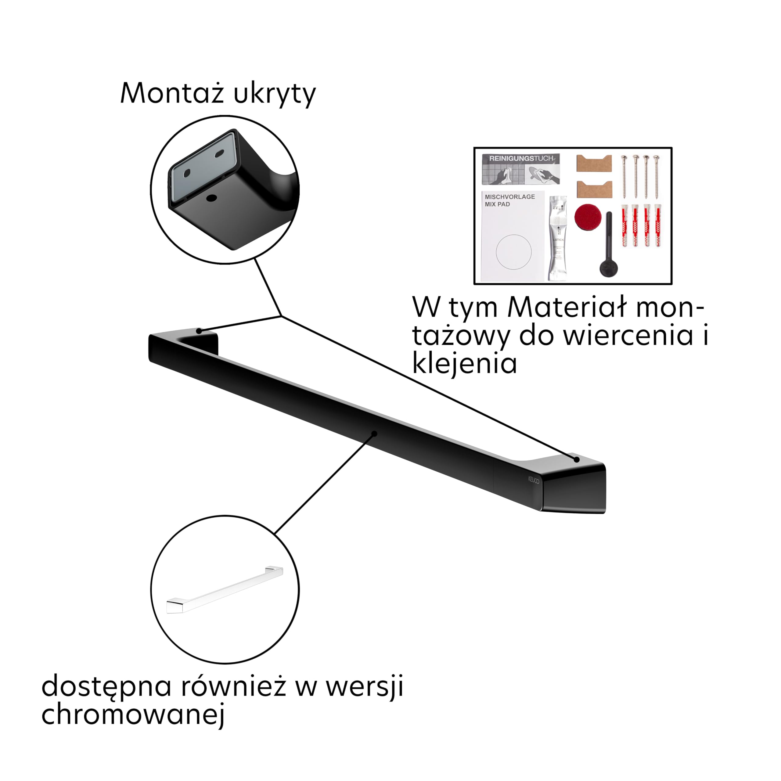 Keuco Rose Uchwyt na ręcznik jednoramienny 80 cm, bez otworów, metal, czerń | Wyprodukowano w Niemczech, z zestawem do klejenia i wkręcania, wieszakiem na ręcznik do klejenia lub wkręcania