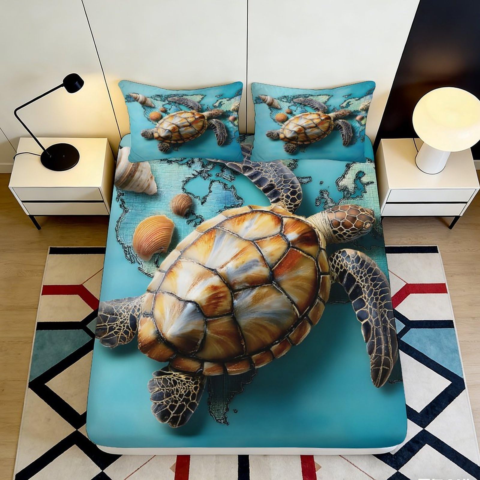 3D Printed Sea Turtle Fitted Sheet Microfiber Soft Breathable Ocean Map Bed Cover for Bedroom Dormitory Guest Room Mattress Protection Decor 200x200x25cm