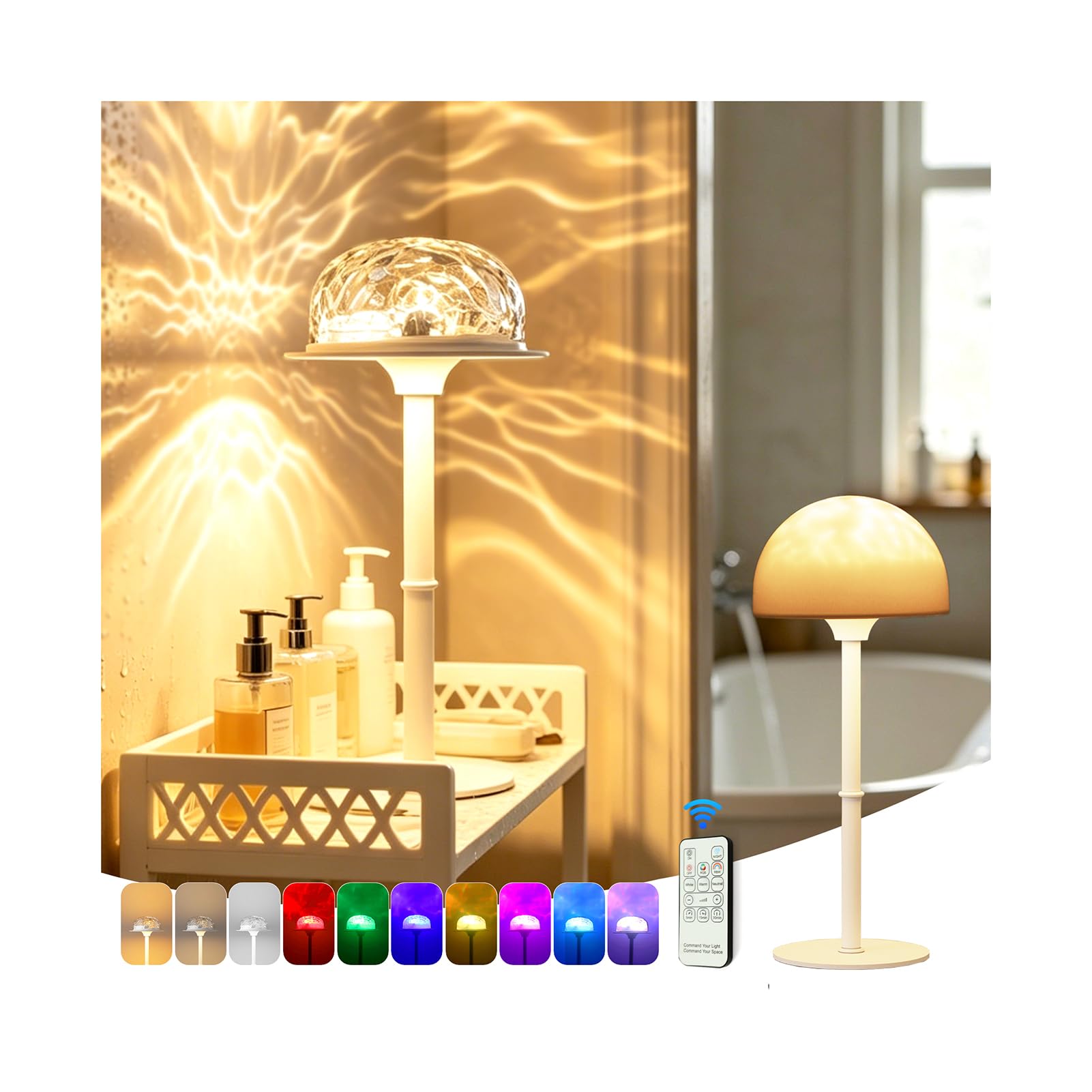 LZDMY Rechargeable Shower Lamp, Waterproof Cordless Bathroom Light with 10 Colour Ocean Wave Projector, Remote & Touch Control Spa Mood Light for Bathtub, Night Light for Bedroom, Bedside Lamps