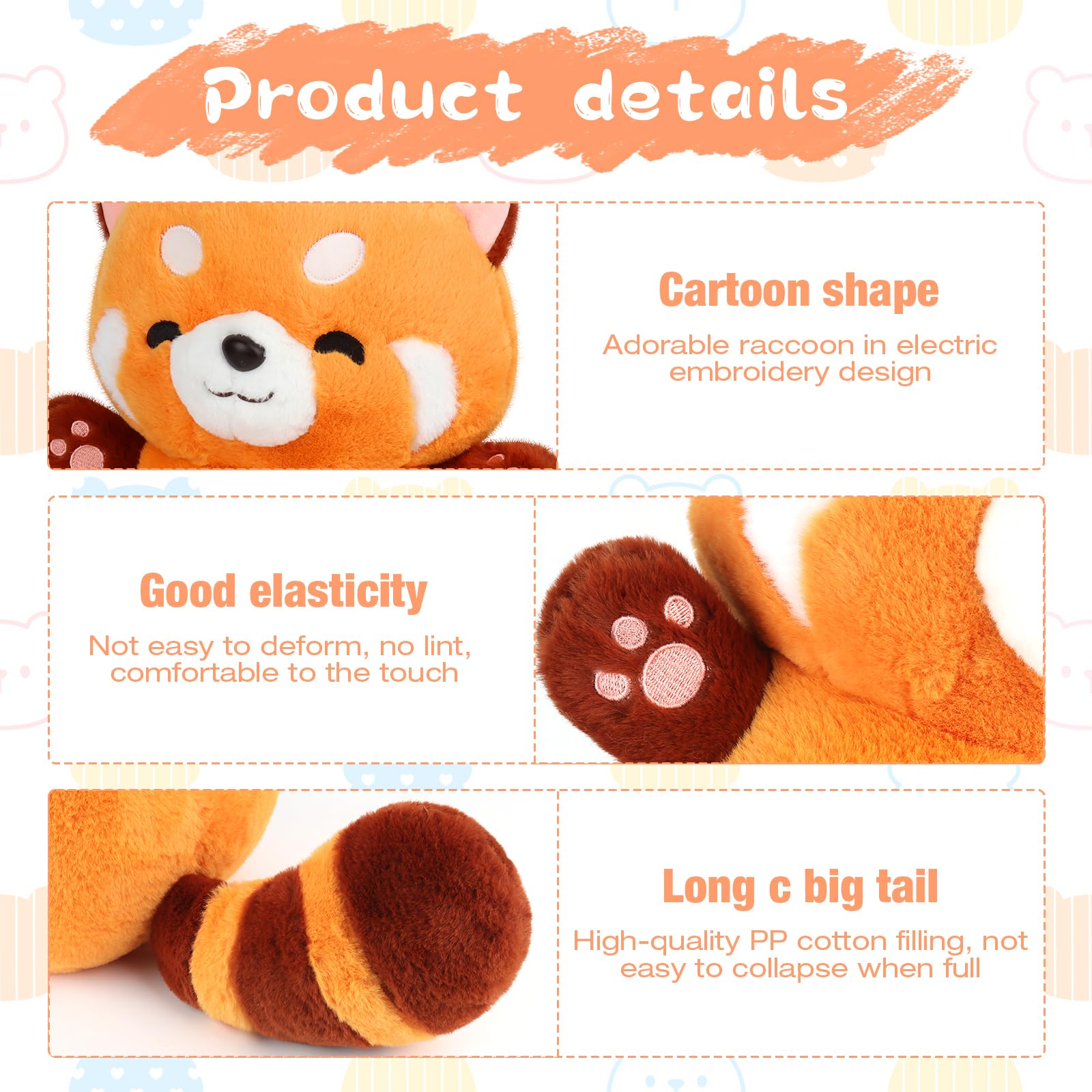 FGJCJ Rode panda knuffeldier, Red Panda pluche Kawaii panda pluche dier, pluizig knuffeldier, panda knuffeldier, pluche knuffeldier, wasbeer, panda poppen kussen