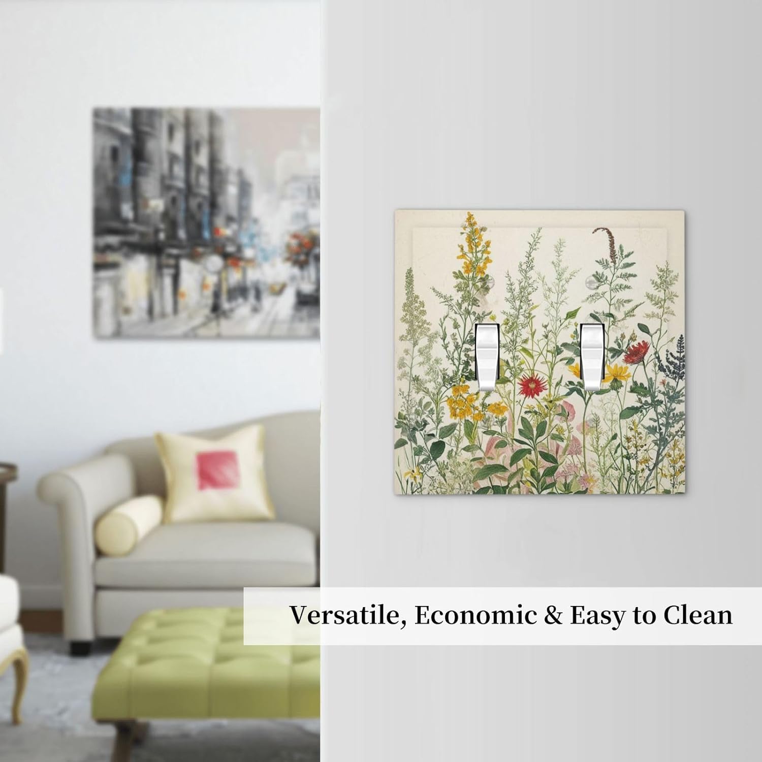 Decorative Light Switch Cover Rustic Beige Wildflower Green Plants Yellow Floral 2 Gang Wall Plate Oversized Double Toggle Two Switch Dual Device Electrical Face Plate