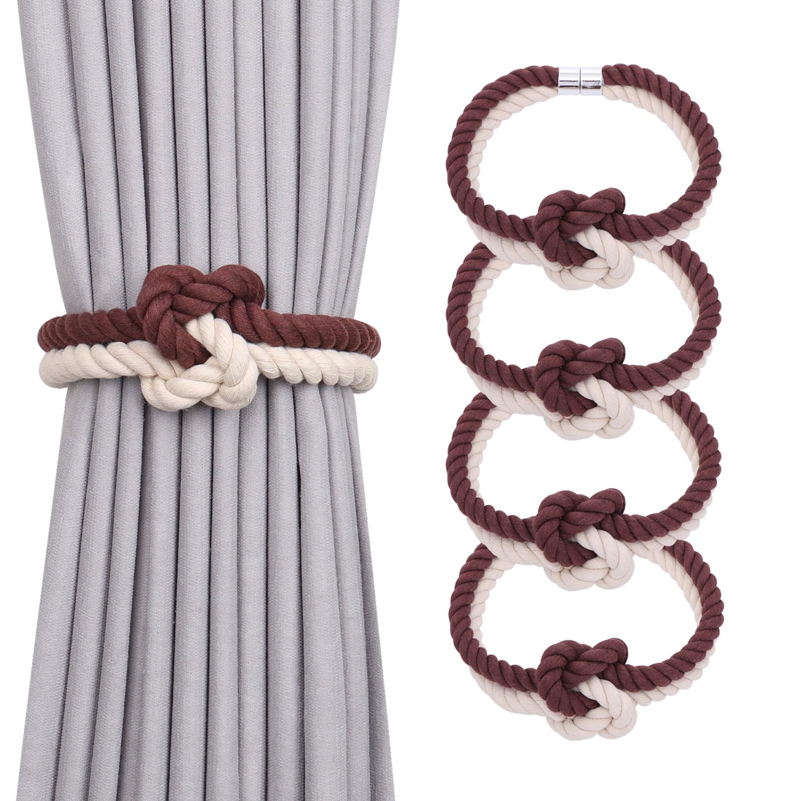 Pretty Jolly 4 Pack Natural Cotton Rope Magnetic Curtain Tiebacks Elegant Knot Decor Drape Tie Backs Boho Soft Hand Weave Rope Curtain Holdbacks for Home & Office Window Drapery (Coffee & Beige)