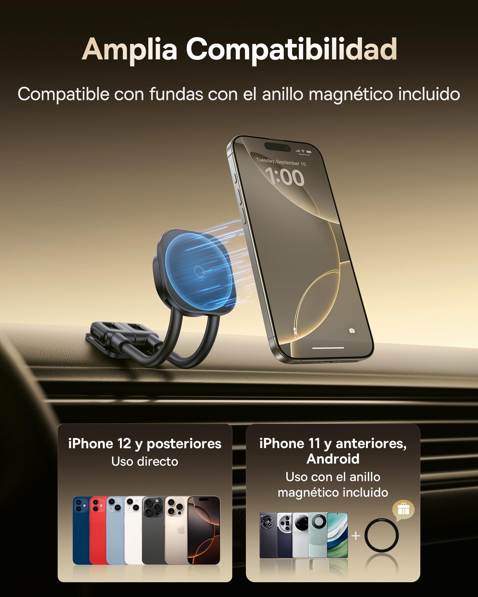 Baseus C03s - Soporte magnético para teléfono móvil para coche, con 2 brazos flexibles, soporte universal para teléfono móvil 20 N, compatible con iPhone y Samsung