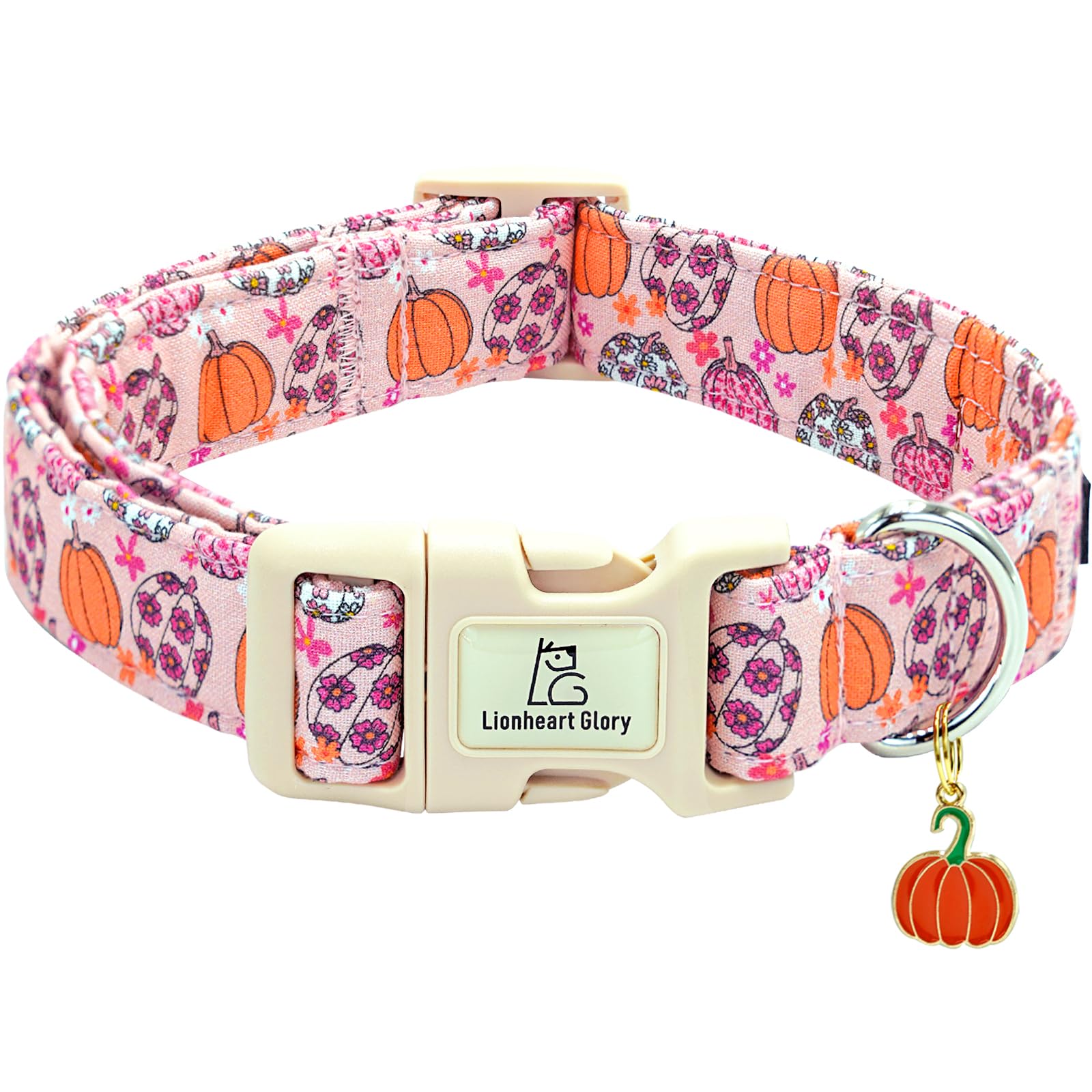 Lionheart glory Halloween Dog Collar-Pumpkin Floral Fall Pink Dog Collars with Cute Ghost Pendant Soft Adjustable Collar for Small Dogs Female Male