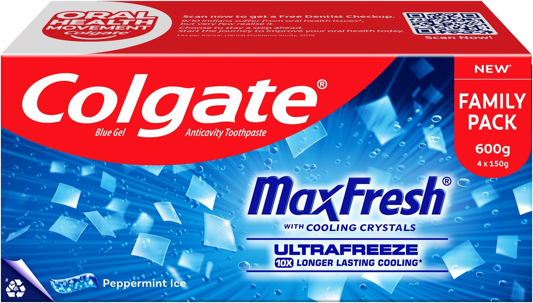 Colgate MaxFresh Toothpaste, Blue Gel Paste with Menthol for Super Fresh Breath, 600g, 150g X 4 (Peppermint Ice, Combo Pack)