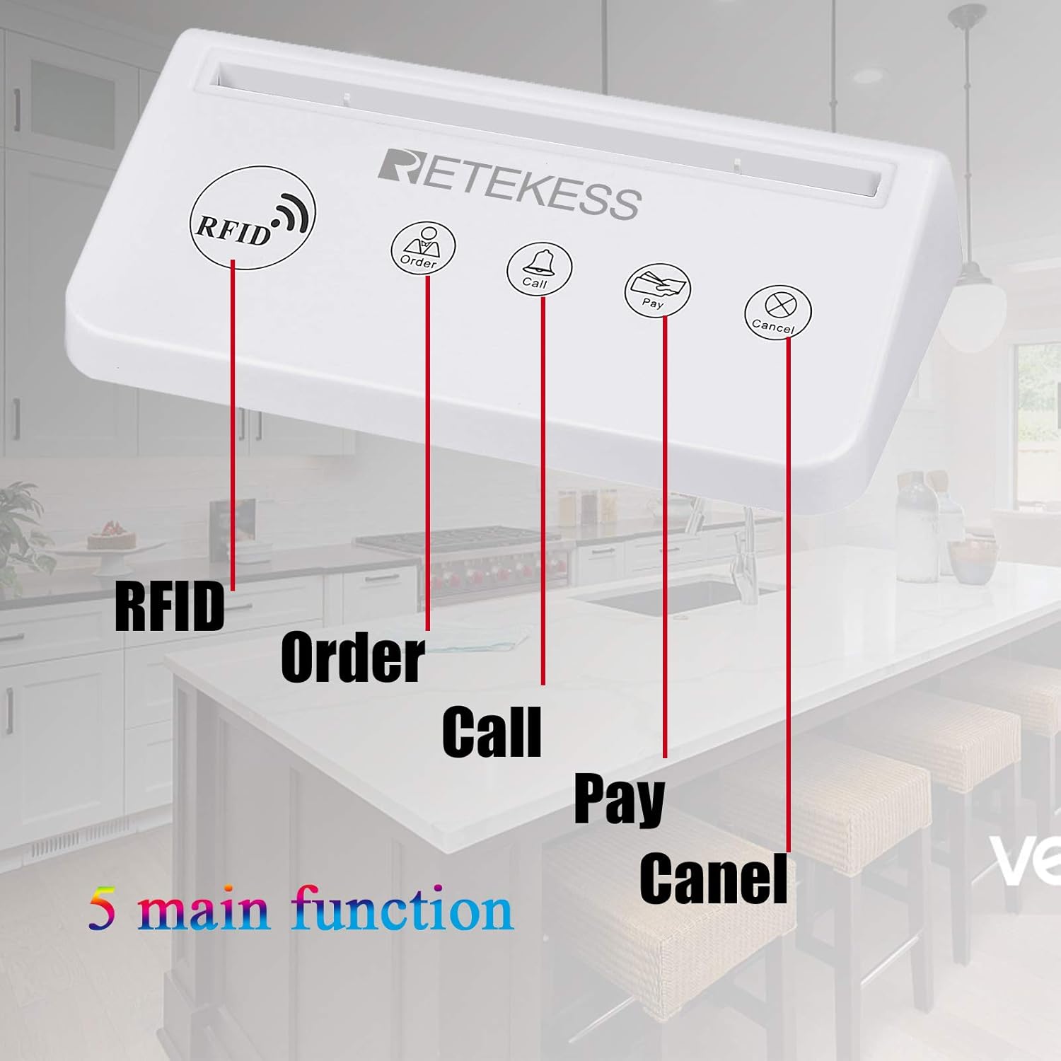Retekess TD018 showing labeled buttons for RFID, Order, Call, Pay, and Cancel functions