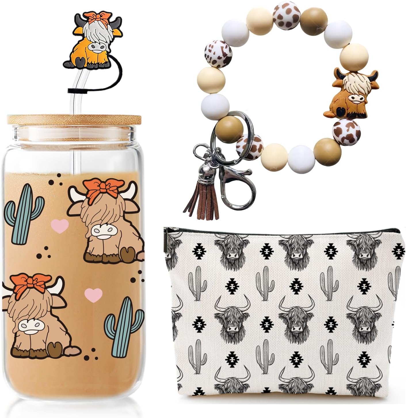 Highland Cow Christmas Gifts, Western Highland Cow Decor, Scottish Mini Cattle Themed Print Stuff, Ice Coffee Glass Cups with Lids and Straws, Cosmetic Bag Keychain Silicone Straw Cover Mothers Day