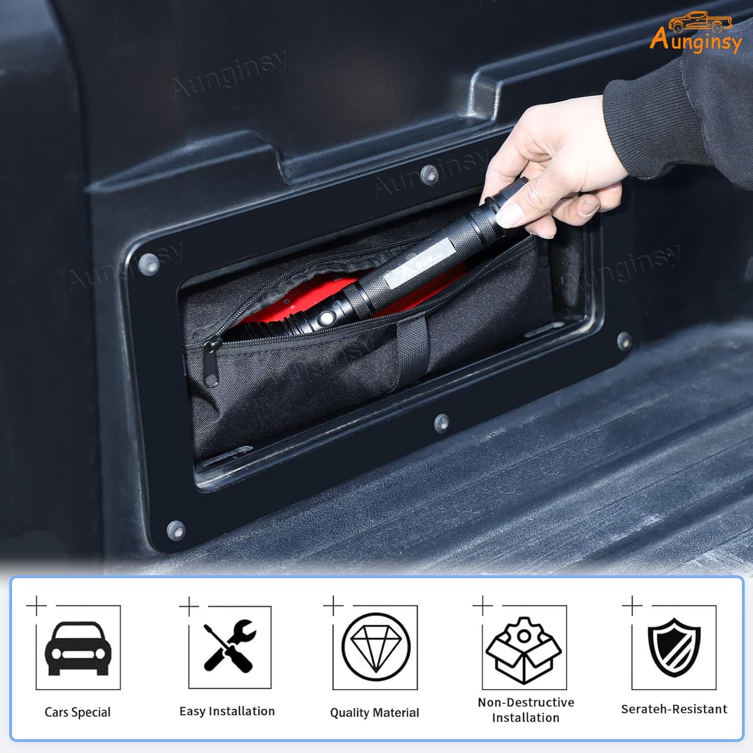 Aunginsy Car Rear Trunk Bed Groove Storage Bag Compatible with Toyota Tacoma 2016-2023, Pickup Rear Trunk Bed Left Side Hidden Organizer Storage Tool Box Pocket Oxford Cloth Expansion Accessories