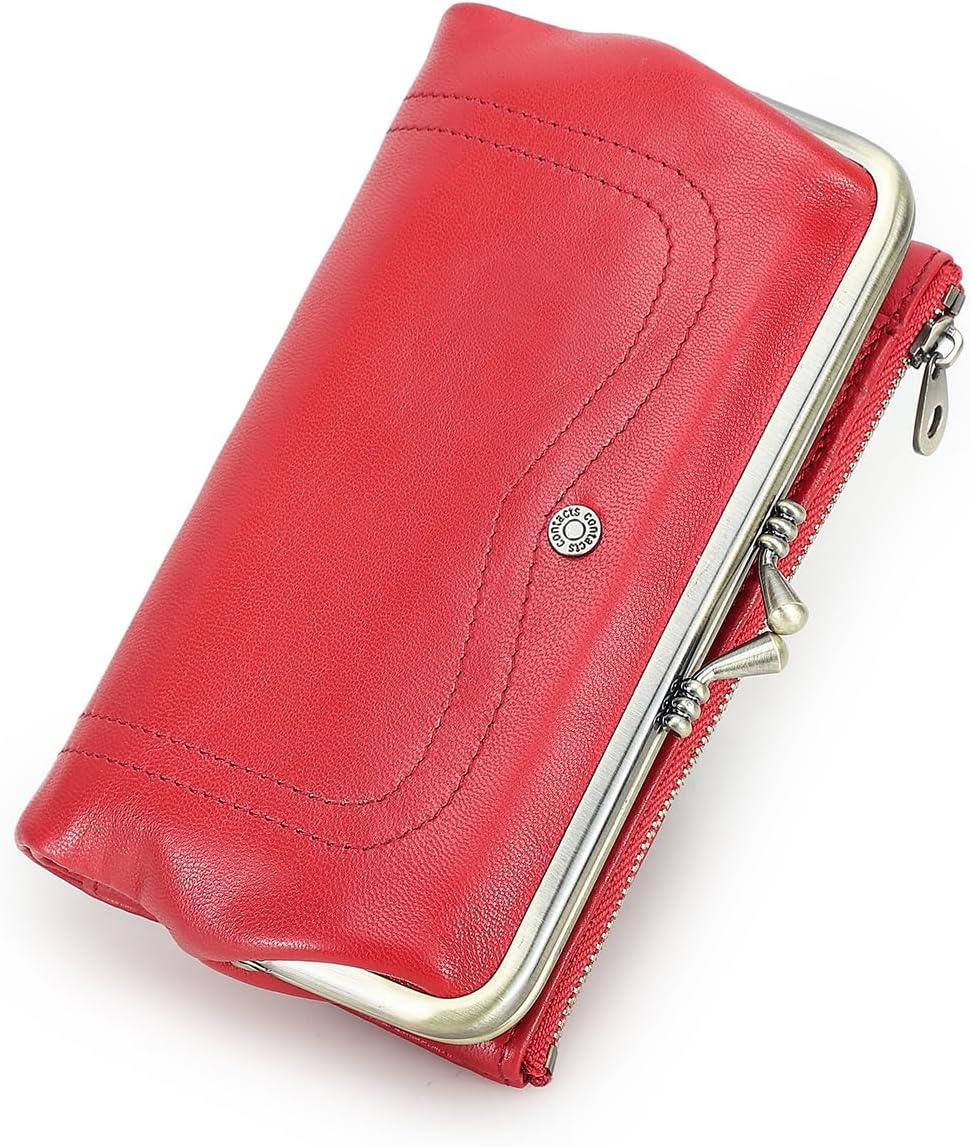 CONTACTS Full Grain Goat Leather Kiss Lock Wallet for Women Vintage Clutch Wallet with Rfid Blocking Zipper Coin Purse (Red)