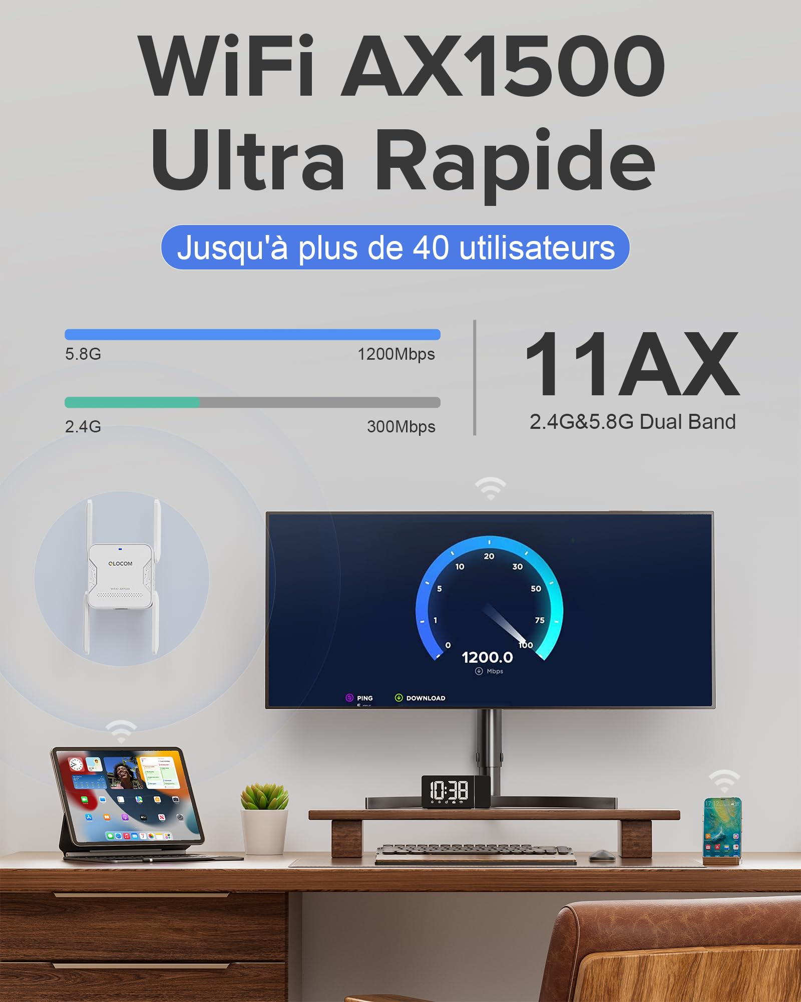 2026 QLOCOM Nouveau Répéteur WiFi 6 AX1500 Amplificateur WiFi Puissant, WiFi Extender Double Bande 5GHz & .4GHz avec Port Ethernet, Compatible avec Toutes Les Box Internet