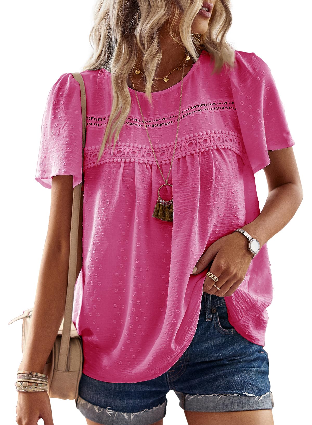 Falechay Womens Summer Tops Flowy Boho Shirts Dressy Casual Short Sleeve