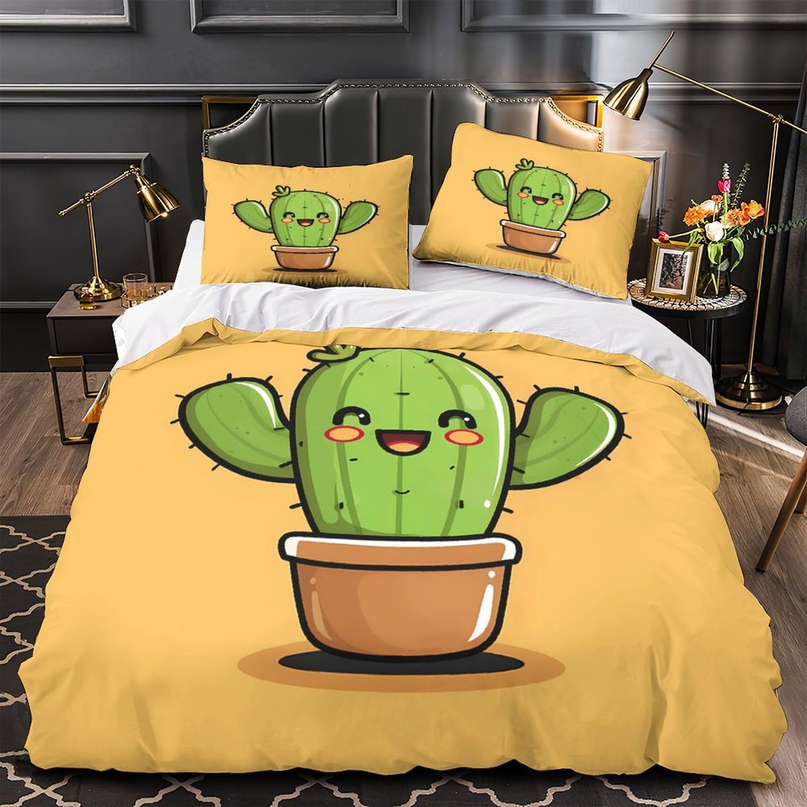 Parure de lit cactus kawaii pour chambre enfant et ado en microfibre